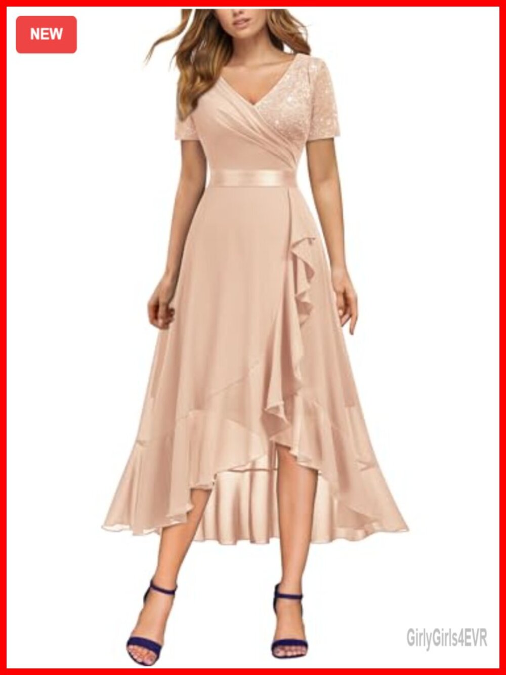 V-Neck Sequin Lace Chiffon Ruffle Slit Formal Evening Party Dress